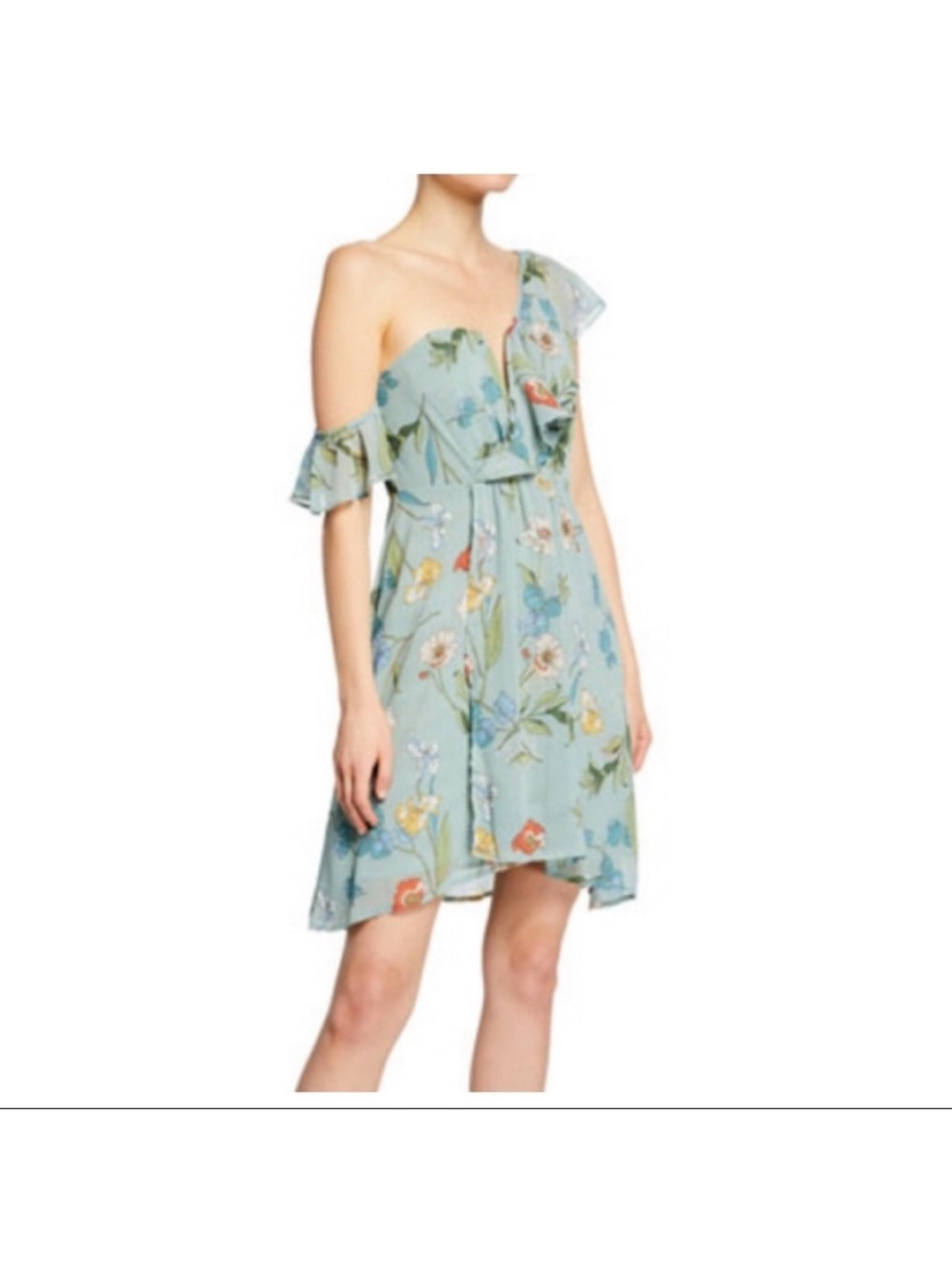 ASTR The Label One-Shoulder Floral Mini Dress in Light Blue Boho Wedding
